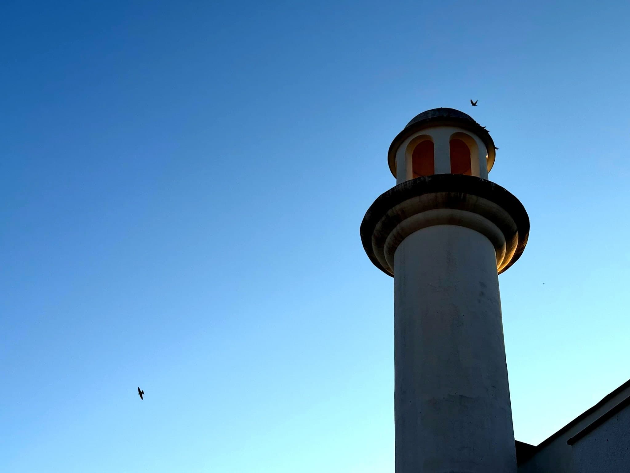 Minaret Medrese naspram vedrog neba, s pticama u letu