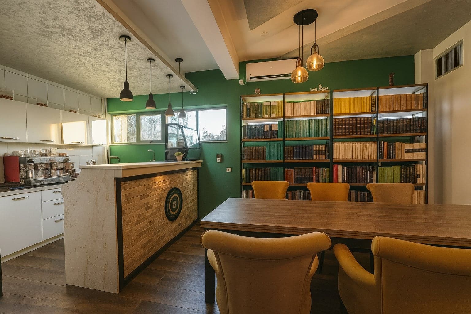 Book Caffe s pultom, stolom za čitanje i policama s knjigama