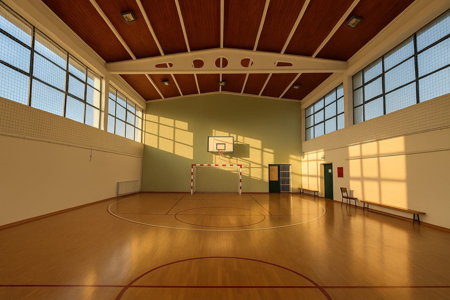 Sportska sala s parketom, košem i golom